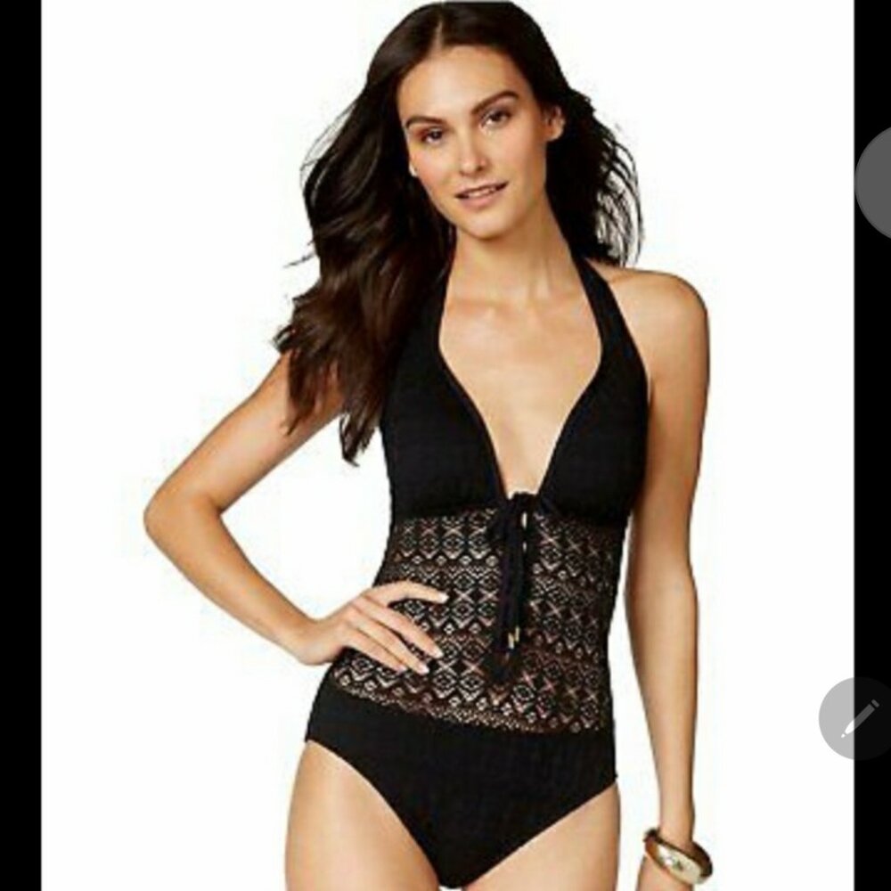Bleu Rod Beattie Black Peep show Crochet Halter One Piece Bathing Suit Size 8